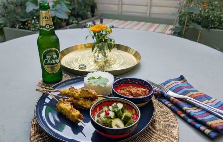 Pork Satay with Chang Beer in the garden