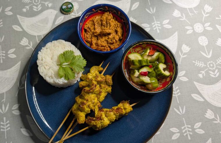 Pork Satay with jasmine rice, peanut sauce and cucumber pickle