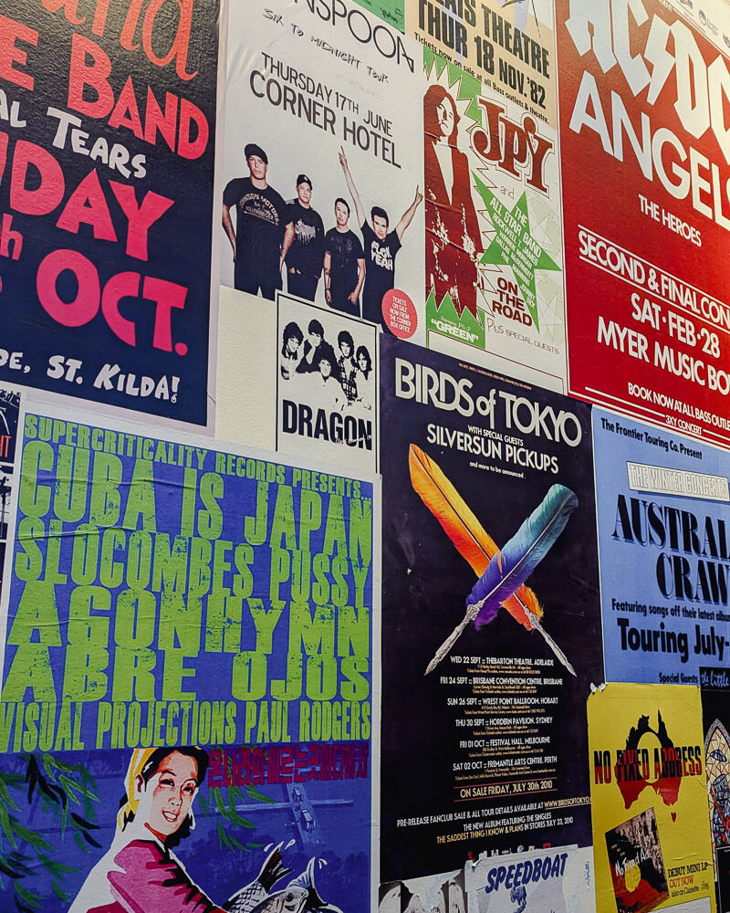 Colourful music posters on a wall at the Australian Music Vault