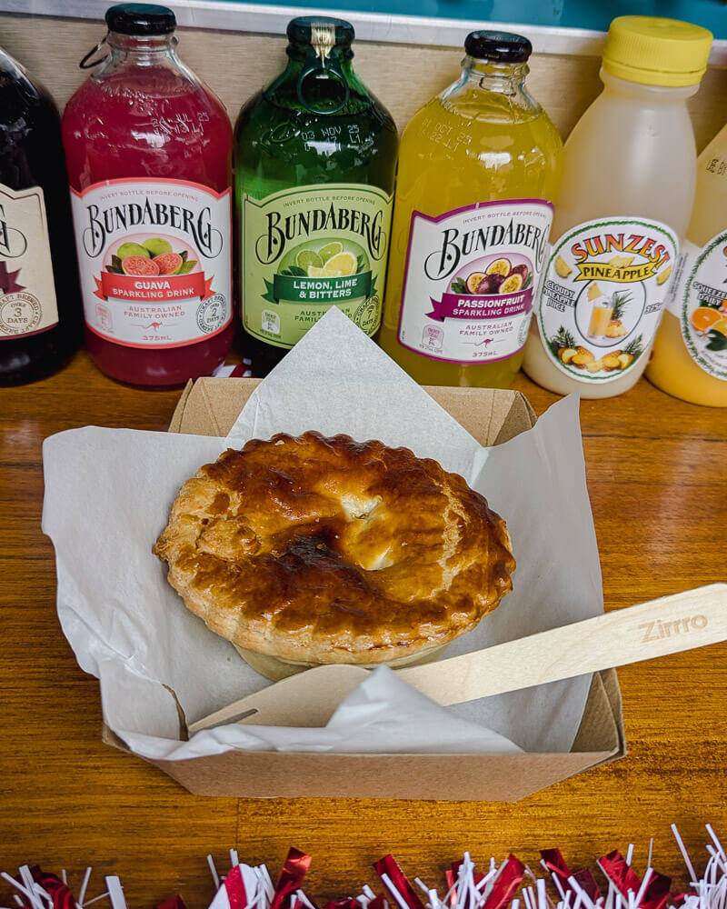 Pie in a cardboard tray at Queen Victoria Market, Melbourne